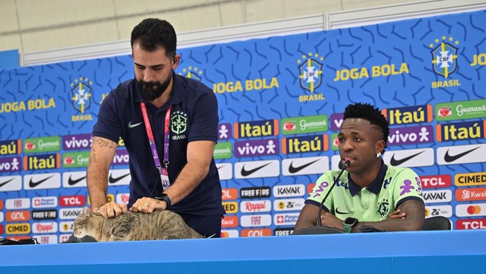 A team official grabs a cat to get it down from the conference table as Brazil's forward #20 Vinicius Junior speaks during a press conference at the Al Arabi SC Stadium in Doha on December 7, 2022, during the Qatar 2022 World Cup football tournament. - Brazil and Croatia will meet in one of the Qatar 2022 World Cup quarter-finals on December 9. (Photo by NELSON ALMEIDA / AFP) (Photo by NELSON ALMEIDA/AFP via Getty Images)
