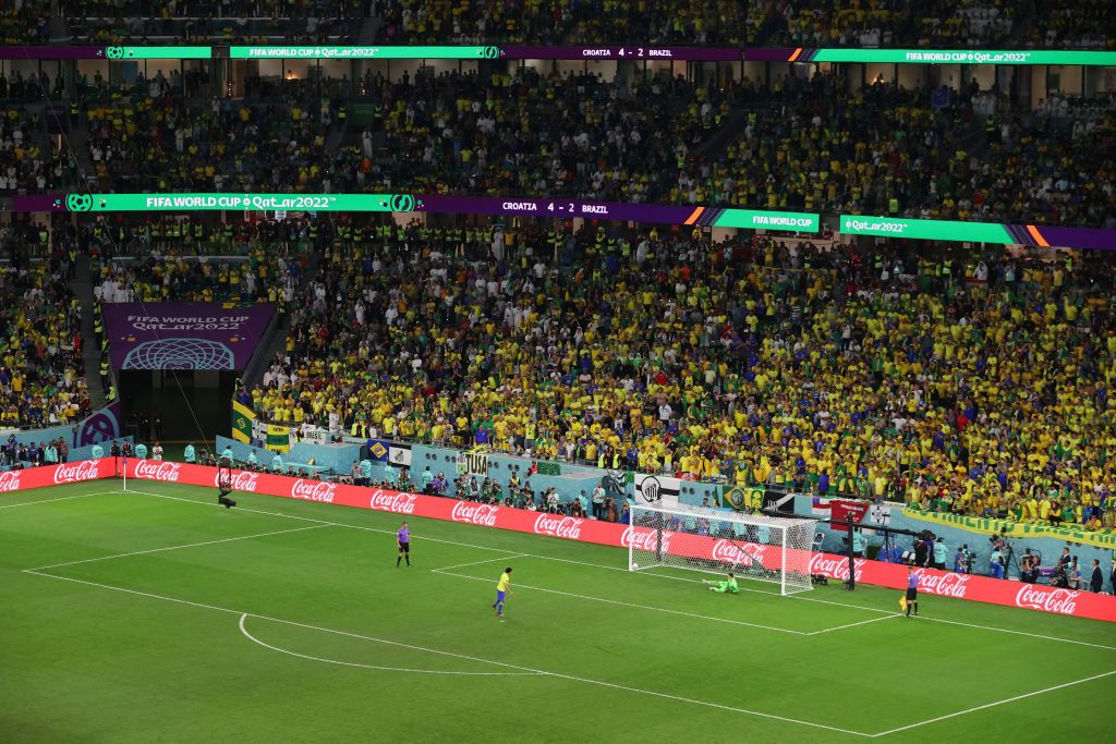 AL RAYYAN, QATAR - DECEMBER 09: Marquinhos of Brazil misses the team's fourth penalty in the penalty shoot out during the FIFA World Cup Qatar 2022 quarter final match between Croatia and Brazil at Education City Stadium on December 09, 2022 in Al Rayyan, Qatar. (Photo by Alex Pantling/Getty Images)