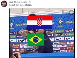 Kucing malang itu viral di media sosial menyusul kekalahan Brasil dari Kroasia dalam adu penalti. (Foto: Twitter)