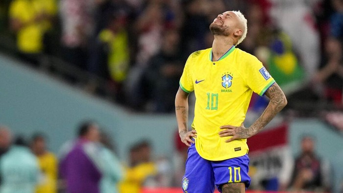 Brazils Neymar reacts at the end of the World Cup quarterfinal soccer match between Croatia and Brazil, at the Education City Stadium in Al Rayyan, Qatar, Friday, Dec. 9, 2022. (AP Photo/Darko Bandic)