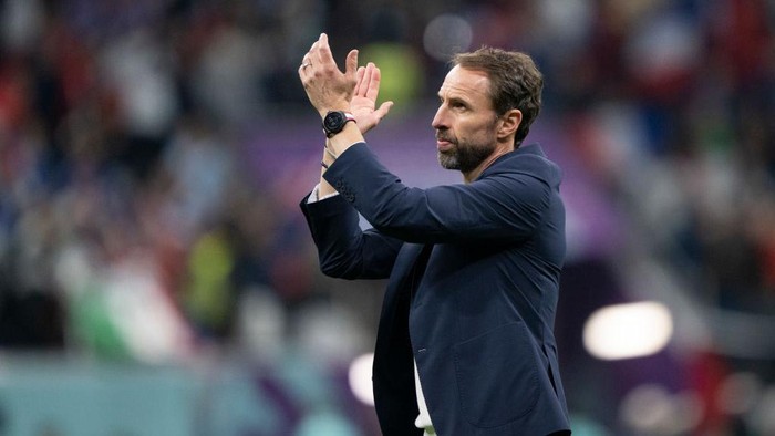 AL KHOR, QATAR - DECEMBER 10: England manager Gareth Southgate applauds the fans at the final whistle  after the FIFA World Cup Qatar 2022 quarter final match between England and France at Al Bayt Stadium on December 10, 2022 in Al Khor, Qatar. (Photo by Sebastian Frej/MB Media/Getty Images)