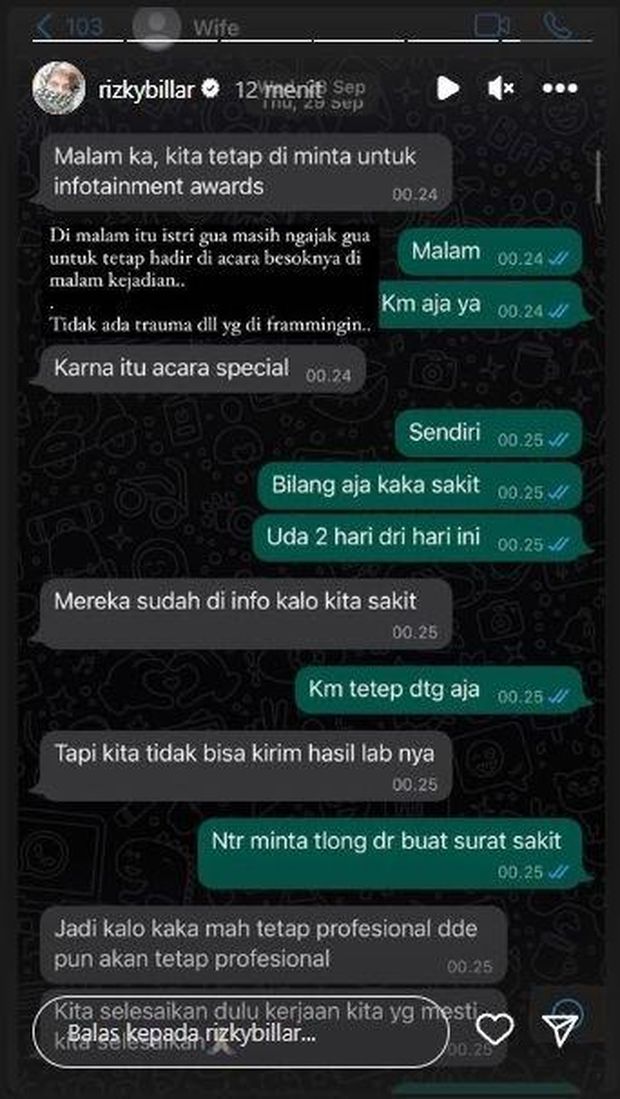 Isi percakapan Lesti Kejora yang dibagikan Rizky Billar