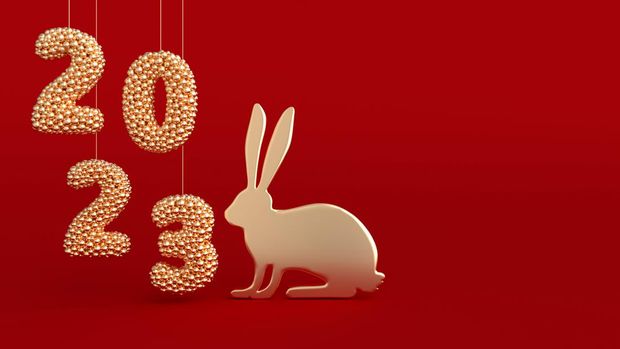 Rabbit zodiac sign and 2023 numerals on red background. Asian golden rabbit. Happy Chinese New Year 2023. 3d rendering