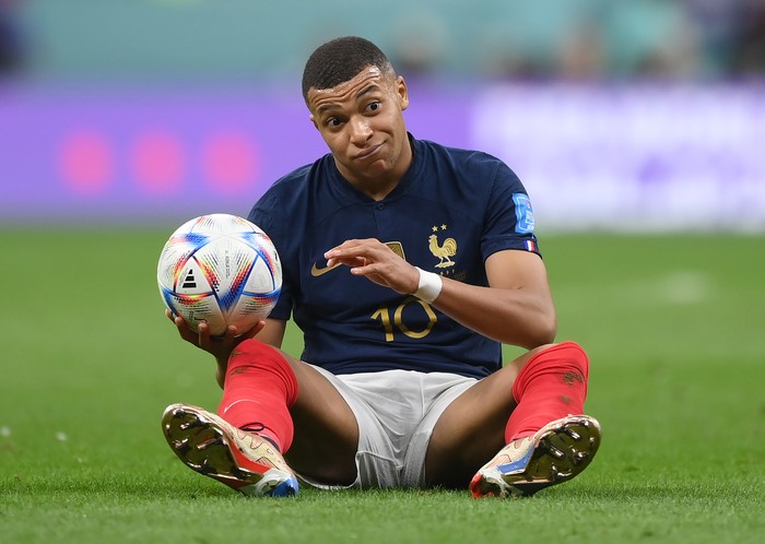 AL KHOR, QATAR - DECEMBER 10:  Kylian Mbappe of France reacts during the FIFA World Cup Qatar 2022 quarter final match between England and France at Al Bayt Stadium on December 10, 2022 in Al Khor, Qatar. (Photo by Shaun Botterill - FIFA/FIFA via Getty Images)