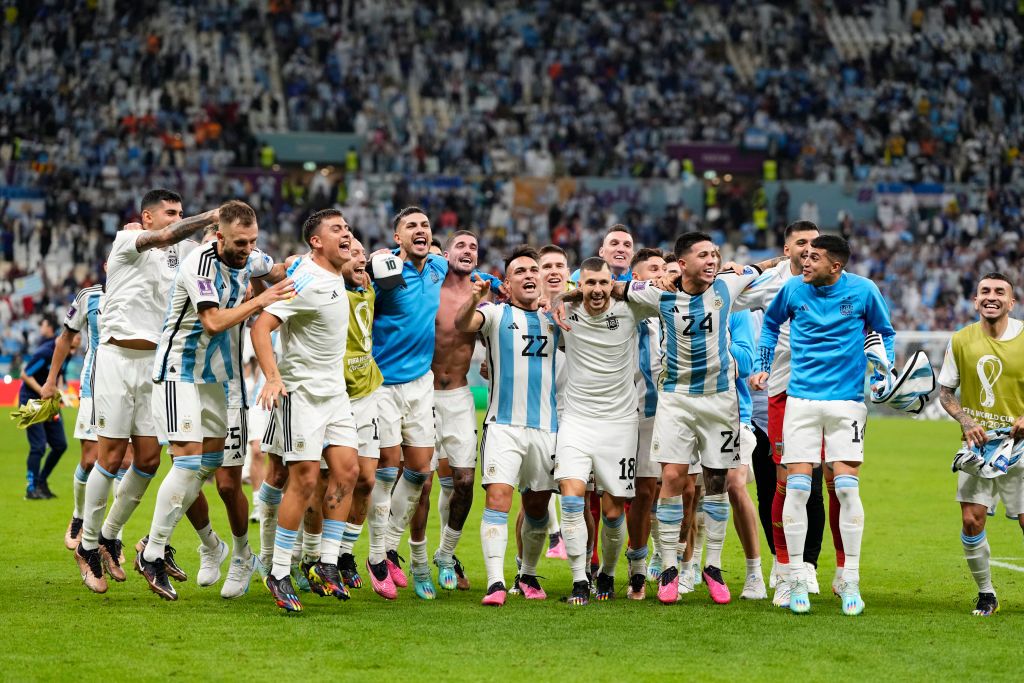 Argentinan players celebrate victory after the FIFA World Cup Qatar 2022 quarter final match between Netherlands and Argentina at Lusail Stadium on December 9, 2022 in Lusail City, Qatar. (Photo by Jose Breton/Pics Action/NurPhoto via Getty Images)