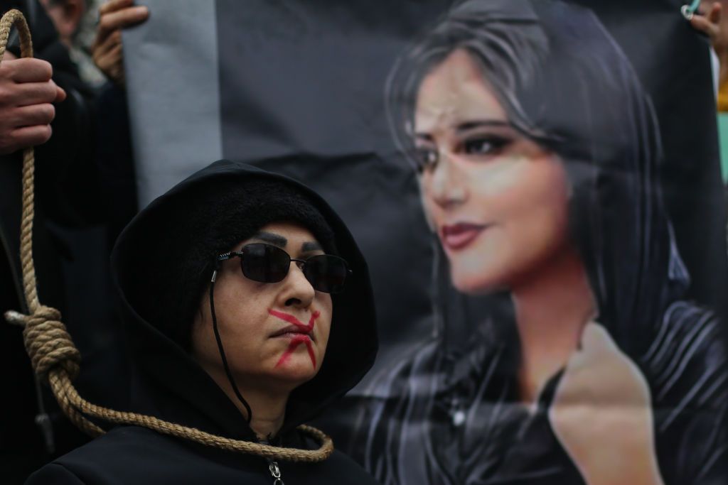 ISTANBUL, TURKEY- DECEMBER 10: Protestors take part in an anti Iran demonstration on December 10, 2022 in Istanbul, Turkey. After the suspicious death of Masha Amini, Anti Iran protests began to be held in many parts of the world. (Photo by Hakan Akgun/ dia images via Getty Images)
