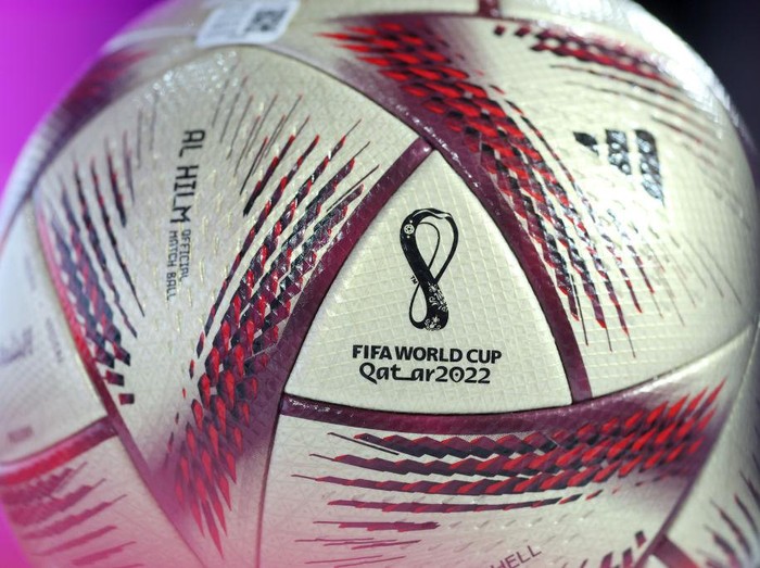 DOHA, QATAR - DECEMBER 12: The adidas 'Al Hilm' Official Finals Match Ball is seen ahead of the Argentina Press Conference at  on December 12, 2022 in Doha, Qatar. (Photo by Mark Metcalfe - FIFA/FIFA via Getty Images)