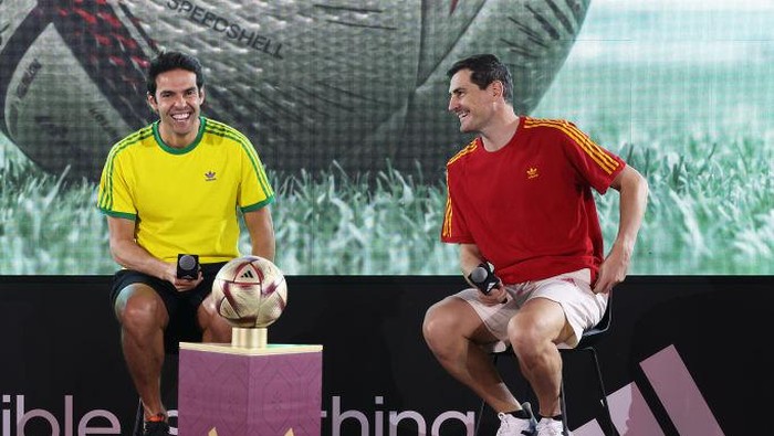 DOHA, QATAR - DECEMBER 11: FIFA Legends Kaka of Brazil and Iker Casillas of Spain talk on stage about the adidas Official Finals Match Ball ‘Al Hilm’ during the adidas Match Ball Unveiling at Al Bidda Park on December 11, 2022 in Doha, Qatar. (Photo by Katelyn Mulcahy - FIFA/FIFA via Getty Images)
