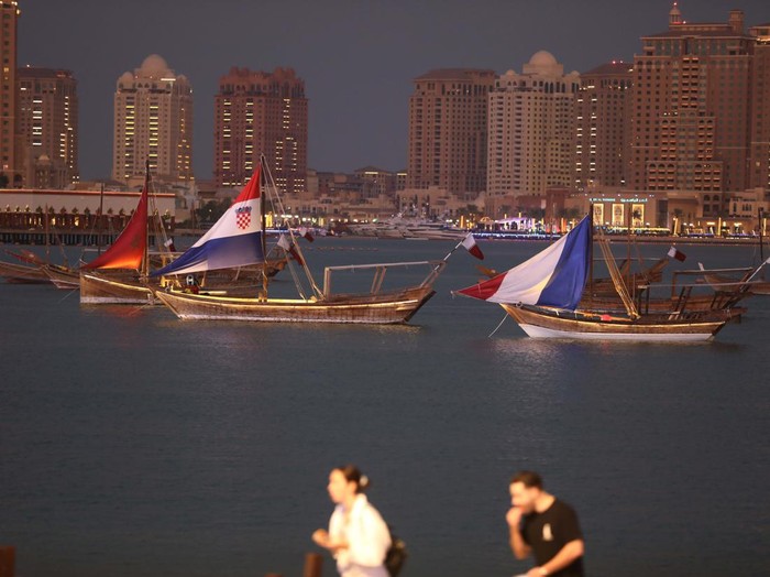 DOHA, QATAR - DECEMBER 12: Ships are seen with Croatia and Morocco flags at Katara beach as FIFA World Cup Qatar 2022 continues in Doha, Qatar on December 12, 2022. (Photo by Ashraf Amra/Anadolu Agency via Getty Images)