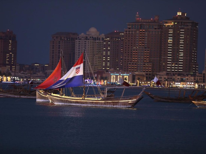 DOHA, QATAR - DECEMBER 12: Ships are seen with Croatia and Morocco flags at Katara beach as FIFA World Cup Qatar 2022 continues in Doha, Qatar on December 12, 2022. (Photo by Ashraf Amra/Anadolu Agency via Getty Images)