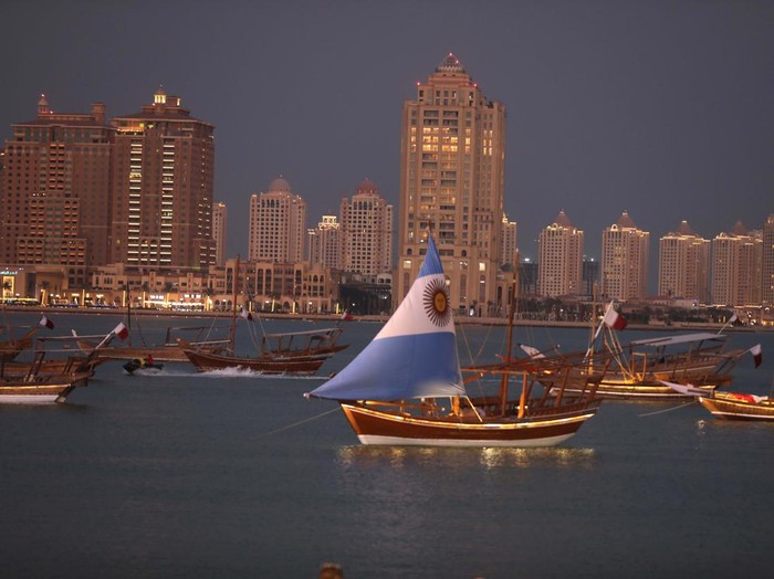 DOHA, QATAR - DECEMBER 12: Ships are seen with Croatia and Morocco flags at Katara beach as FIFA World Cup Qatar 2022 continues in Doha, Qatar on December 12, 2022. (Photo by Ashraf Amra/Anadolu Agency via Getty Images)