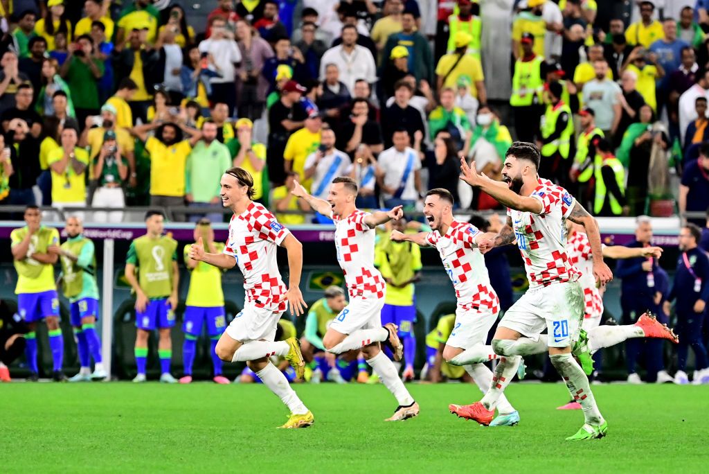 AL RAYYAN, QATAR - DECEMBER 09: Players of Croatia celebrates for the victory after the penalty kick ,during the FIFA World Cup Qatar 2022 quarter final match between Croatia and Brazil at Education City Stadium on December 9, 2022 in Al Rayyan, Qatar. (Photo by MB Media/Getty Images)