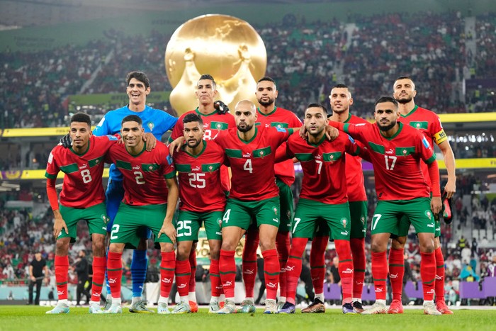Morocco line up during the FIFA World Cup Qatar 2022 quarter final match between Morocco and Portugal at Al Thumama Stadium on December 10, 2022 in Doha, Qatar. (Photo by Jose Breton/Pics Action/NurPhoto via Getty Images)