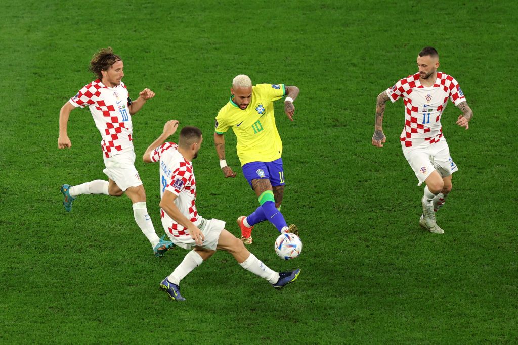 AL KHOR, QATAR - NOVEMBER 23: Luka Modric and Marcelo Brozovic of Croatia in action during the FIFA World Cup Qatar 2022 Group F match between Morocco and Croatia at Al Bayt Stadium on November 23, 2022 in Al Khor, Qatar. (Photo by Visionhaus/Getty Images)