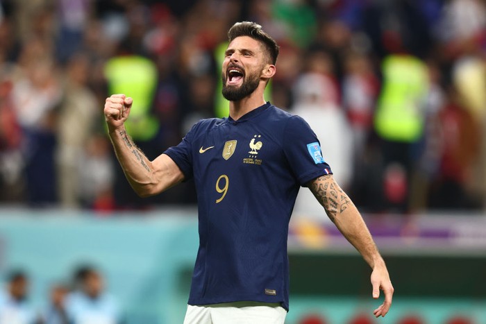 AL KHOR, QATAR - DECEMBER 10:  Olivier Giroud of France celebrates at the end of the FIFA World Cup Qatar 2022 quarter final match between England and France at Al Bayt Stadium on December 10, 2022 in Al Khor, Qatar. (Photo by Chris Brunskill/Fantasista/Getty Images)