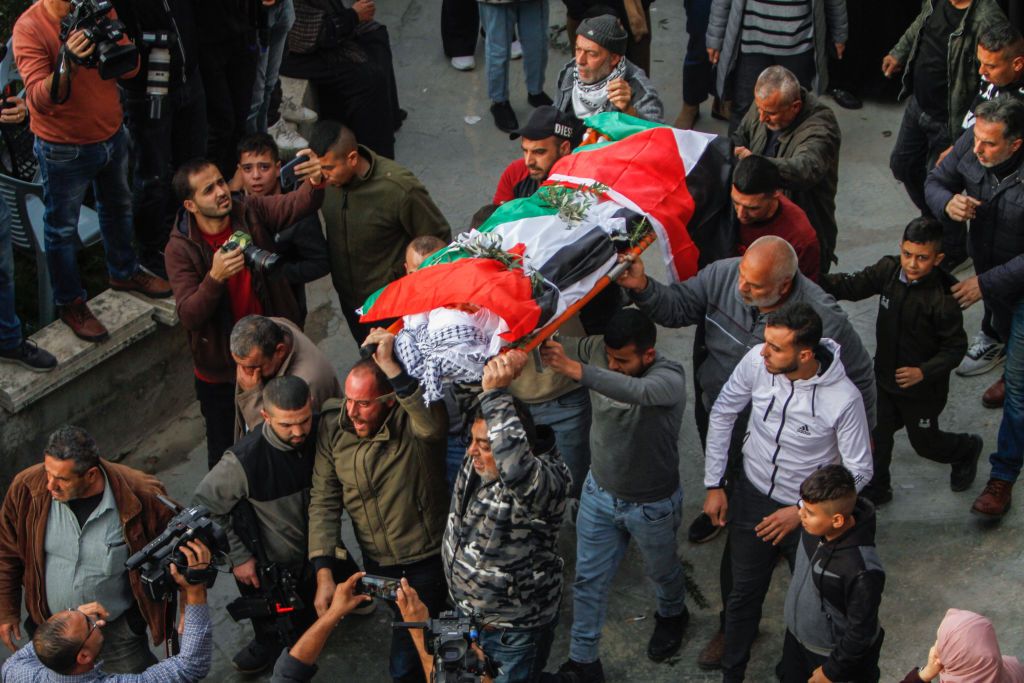 JENIN, WEST BANK, PALESTINE - 2022/12/12: (EDITOR'S NOTE : Image depicts death)Mourners carry the body of 15-year-old Palestinian Jana Zakarneh in the city of Jenin in the occupied West Bank. Jana was shot dead by the Israeli army while she was on the roof of her house, during an army raid on the city. (Photo by Nasser Ishtayeh/SOPA Images/LightRocket via Getty Images)