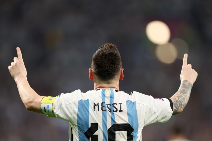 DOHA, QATAR - DECEMBER 03: Lionel Messi of Argentina celebrates after scoring the team's first goal during the FIFA World Cup Qatar 2022 Round of 16 match between Argentina and Australia at Ahmad Bin Ali Stadium on December 03, 2022 in Doha, Qatar. (Photo by Francois Nel/Getty Images)