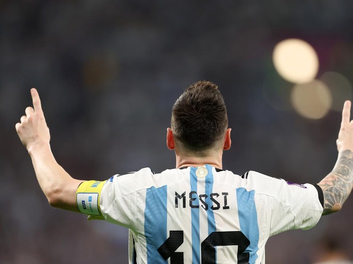 DOHA, QATAR - DECEMBER 03: Lionel Messi of Argentina celebrates after scoring the team's first goal during the FIFA World Cup Qatar 2022 Round of 16 match between Argentina and Australia at Ahmad Bin Ali Stadium on December 03, 2022 in Doha, Qatar. (Photo by Francois Nel/Getty Images)