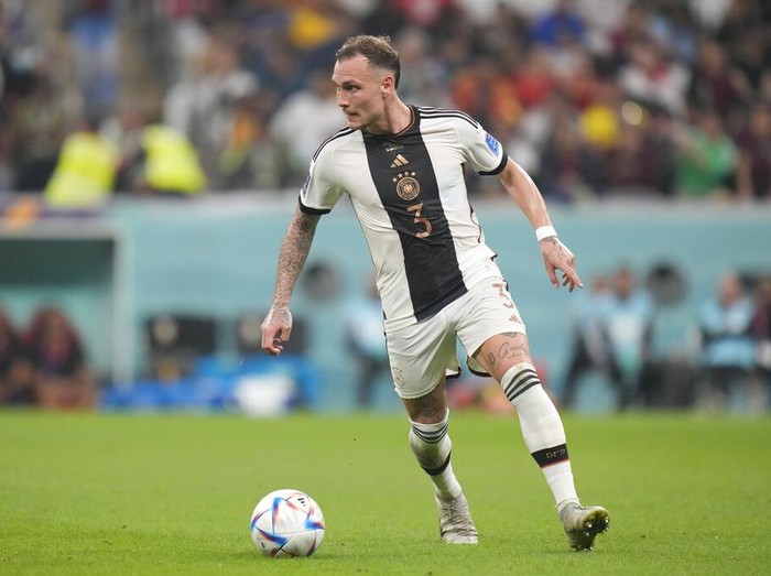 Germany's David Raum in action during the World Cup group E soccer match between Costa Rica and Germany at the Al Bayt Stadium in Al Khor, Qatar, Thursday, Dec.1, 2022. (AP Photo/Moises Castillo)