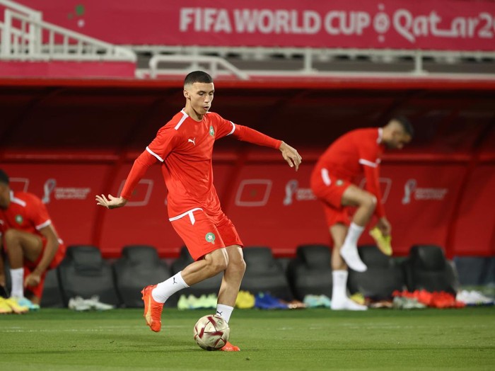 DOHA, QATAR - DECEMBER 13: Bilal El Khannouss of Morocco controls the ball during the Morocco Training Session at Al Duhail SC Stadium on December 13, 2022 in Doha, Qatar. (Photo by (Robert Cianflone/Getty Images)