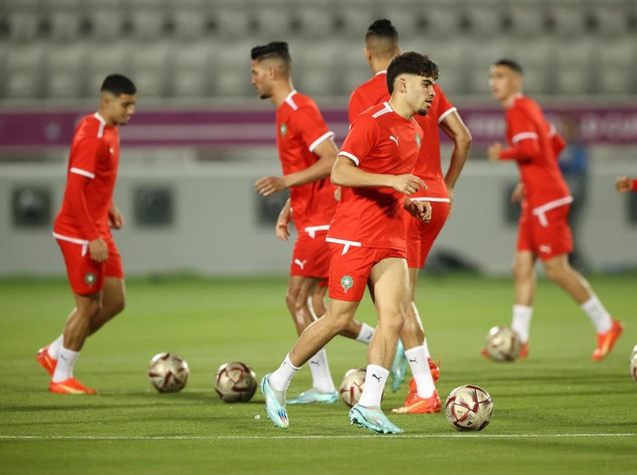 DOHA, QATAR - DECEMBER 13: Bilal El Khannouss of Morocco controls the ball during the Morocco Training Session at Al Duhail SC Stadium on December 13, 2022 in Doha, Qatar. (Photo by (Robert Cianflone/Getty Images)