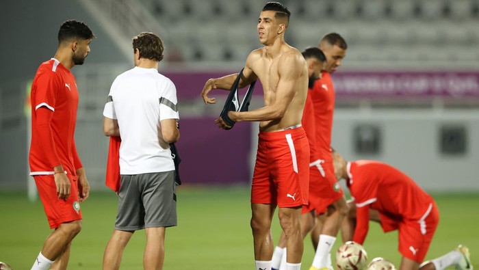 DOHA, QATAR - DECEMBER 13: Bilal El Khannouss of Morocco controls the ball during the Morocco Training Session at Al Duhail SC Stadium on December 13, 2022 in Doha, Qatar. (Photo by (Robert Cianflone/Getty Images)
