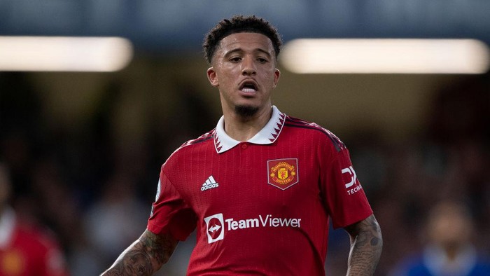 LONDON, ENGLAND - OCTOBER 22: Jadon Sancho of Manchester United during the Premier League match between Chelsea FC and Manchester United at Stamford Bridge on October 22, 2022 in London, England. (Photo by Visionhaus//Getty Images)