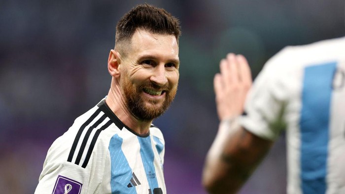 LUSAIL CITY, QATAR - DECEMBER 13: Lionel Messi of Argentina celebrates after scoring the teams first goal during the FIFA World Cup Qatar 2022 semi final match between Argentina and Croatia at Lusail Stadium on December 13, 2022 in Lusail City, Qatar. (Photo by Richard Heathcote/Getty Images)