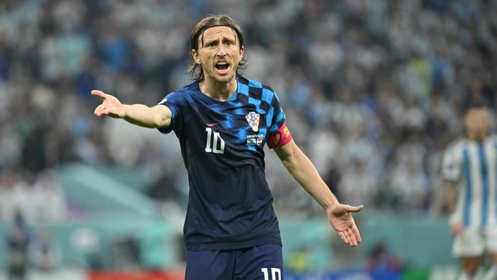 LUSAIL CITY, QATAR - DECEMBER 13: Luka Modric of Croatia reacts during the FIFA World Cup Qatar 2022 semi final match between Argentina and Croatia at Lusail Stadium on December 13, 2022 in Lusail City, Qatar. (Photo by Lionel Hahn/Getty Images)