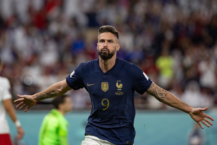 DOHA, QATAR - DECEMBER 04: Olivier Giroud of France celebrates scoring a goal during the FIFA World Cup Qatar 2022 Round of 16 match between France (3) and Poland (1) at Al Thumama Stadium on December 04, 2022 in Doha, Qatar. (Photo by Simon Bruty/Anychance/Getty Images)