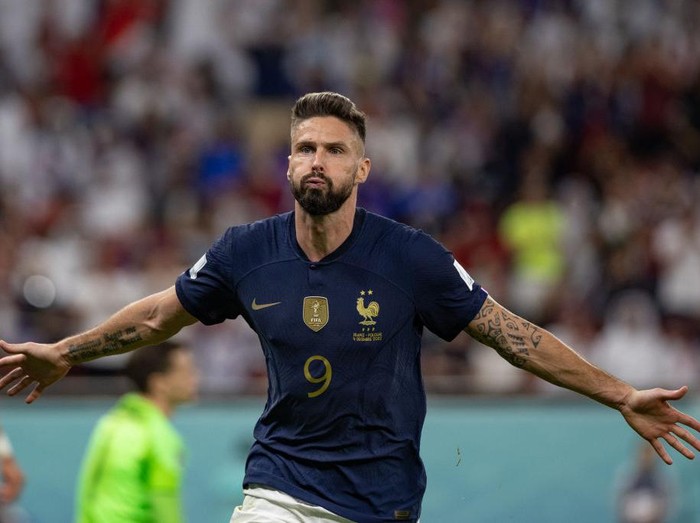 DOHA, QATAR - DECEMBER 04: Olivier Giroud of France celebrates scoring a goal during the FIFA World Cup Qatar 2022 Round of 16 match between France (3) and Poland (1) at Al Thumama Stadium on December 04, 2022 in Doha, Qatar. (Photo by Simon Bruty/Anychance/Getty Images)