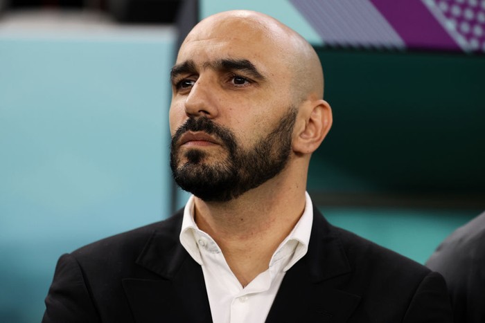 DOHA, QATAR - DECEMBER 10: Walid Regragui coach of Morocco looks on during the FIFA World Cup Qatar 2022 quarter final match between Morocco and Portugal at Al Thumama Stadium on December 10, 2022 in Doha, Qatar. (Photo by Zhizhao Wu/Getty Images)