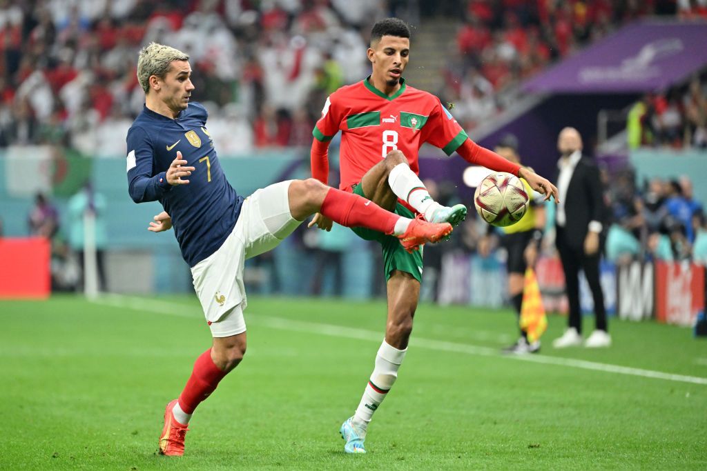 AL KHOR, QATAR - DECEMBER 14: Antoine Griezmann of France during the FIFA World Cup Qatar 2022 semi final match between France and Morocco at Al Bayt Stadium on December 14, 2022 in Al Khor, Qatar. (Photo by Youssef Loulidi/Fantasista/Getty Images)