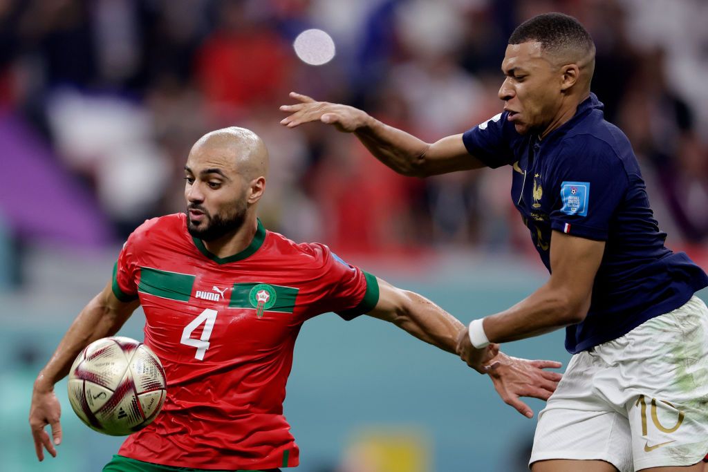 AL KHOR, QATAR - DECEMBER 14: Sofyan Amrabat of Morocco on the ball during the FIFA World Cup Qatar 2022 semi final match between France and Morocco at Al Bayt Stadium on December 14, 2022 in Al Khor, Qatar. (Photo by Richard Sellers/Getty Images)