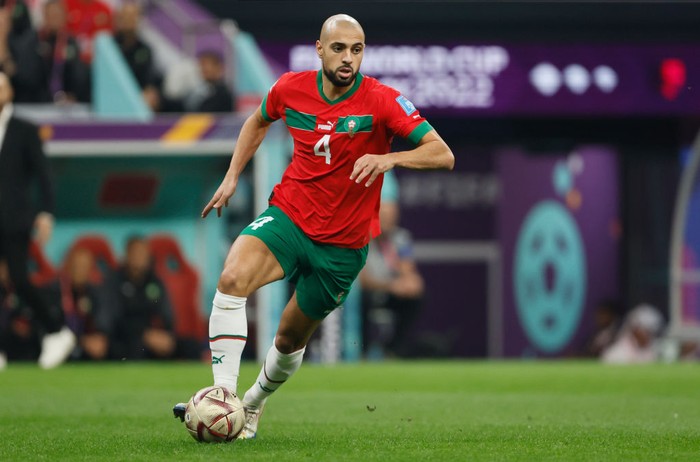 AL KHOR, QATAR - DECEMBER 14: Sofyan Amrabat of Morocco on the ball during the FIFA World Cup Qatar 2022 semi final match between France and Morocco at Al Bayt Stadium on December 14, 2022 in Al Khor, Qatar. (Photo by Richard Sellers/Getty Images)