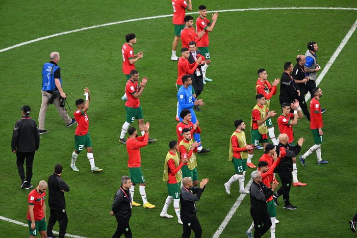 AL KHOR, QATAR - DECEMBER 14: Players of Morocco applause at the end of the FIFA World Cup Qatar 2022 semi final match between France and Morocco at Al Bayt Stadium on December 14, 2022 in Al Khor, Qatar. (Photo by Ercin Erturk/Anadolu Agency via Getty Images)