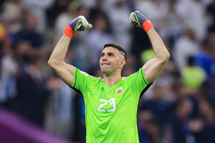 LUSAIL CITY, QATAR - DECEMBER 13: Emiliano Martinez of Argentina celebrates the teams third goal scored by Julian Alvarez (not pcitured) during the FIFA World Cup Qatar 2022 semi final match between Argentina and Croatia at Lusail Stadium on December 13, 2022 in Lusail City, Qatar. (Photo by Buda Mendes/Getty Images)
