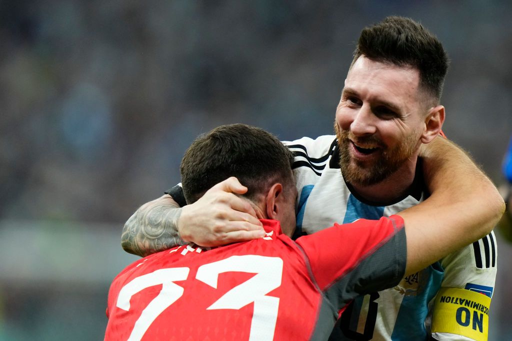 LUSAIL CITY, QATAR - DECEMBER 13: Emiliano Martinez of Argentina celebrates the team's third goal scored by Julian Alvarez (not pcitured) during the FIFA World Cup Qatar 2022 semi final match between Argentina and Croatia at Lusail Stadium on December 13, 2022 in Lusail City, Qatar. (Photo by Buda Mendes/Getty Images)