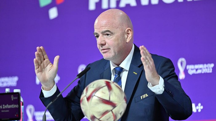 DOHA, QATAR - DECEMBER 16: FIFA President Gianni Infantino gives a press conference ahead of the Third Place and Final matches of FIFA World Cup Qatar 2022 at the Main Media Center on December 16, 2022 in Doha, Qatar. (Photo by Mustafa Yalcin/Anadolu Agency via Getty Images)