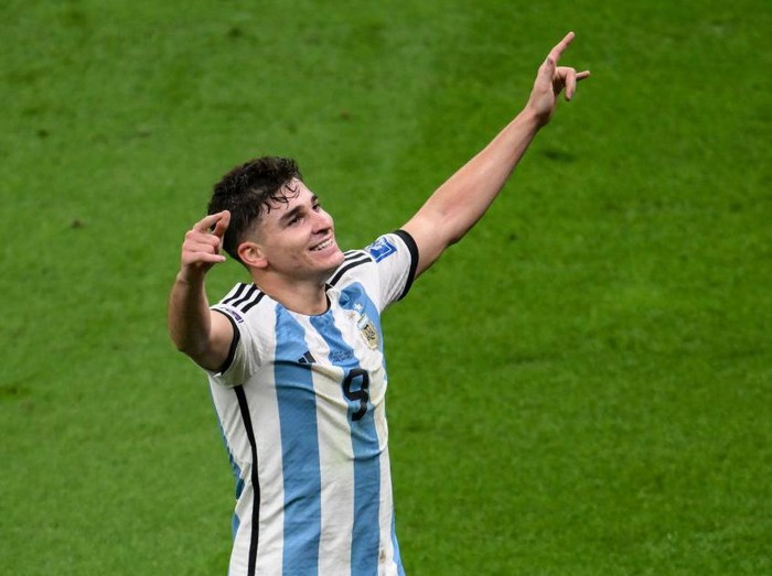 LUSAIL CITY, QATAR - DECEMBER 13: Julian Alvarez of Argentina celebrates after scoring the team's second goal during the FIFA World Cup Qatar 2022 semi final match between Argentina and Croatia at Lusail Stadium on December 13, 2022 in Lusail City, Qatar. (Photo by Stephen McCarthy - FIFA/FIFA via Getty Images)