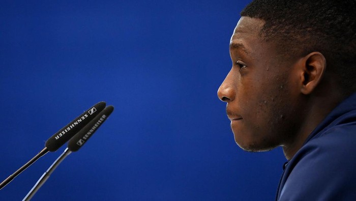 Frances forward Randal Kolo Muani gives a press conference at the Al Sadd SC training centre in Doha on December 16, 2022, during the Qatar 2022 World Cup football tournament. (Photo by FRANCK FIFE / AFP) (Photo by FRANCK FIFE/AFP via Getty Images)