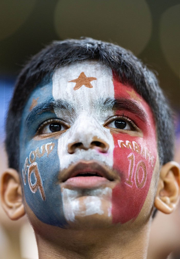 AL KHOR, QATAR - DECEMBER 14: A young France fan looks on from the stands during the FIFA World Cup Qatar 2022 semi final match between France (2) and Morocco (0) at Al Bayt Stadium on December 14, 2022 in Al Khor, Qatar. (Photo by Simon Bruty/Anychance/Getty Images)