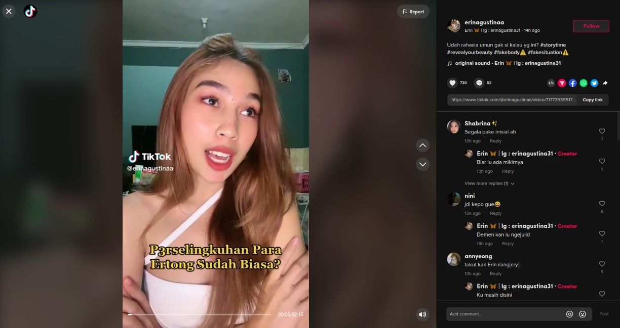 TikToker Erin Agustina yang membongkar perselingkuhan di dunia artis.
