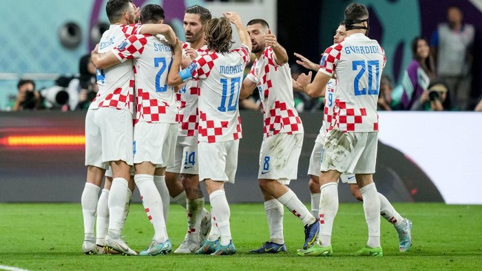 DOHA, QATAR - DECEMBER 17: Mislav Orsic of Croatia celebrates after scoring his teams second goal with teammates during the FIFA World Cup Qatar 2022 3rd Place match between Croatia and Morocco at Khalifa International Stadium on December 17, 2022 in Doha, Qatar. (Photo by Mohammad Karamali/DeFodi Images via Getty Images)