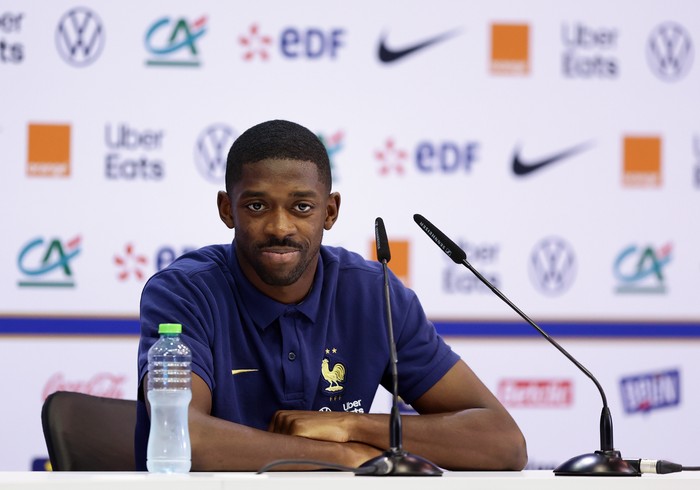 DOHA, QATAR - DECEMBER 15: Ousmane Dembele of France looks on during a press conference on December 16, 2022 in Doha, Qatar. (Photo by Mohamed Farag/Getty Images,)