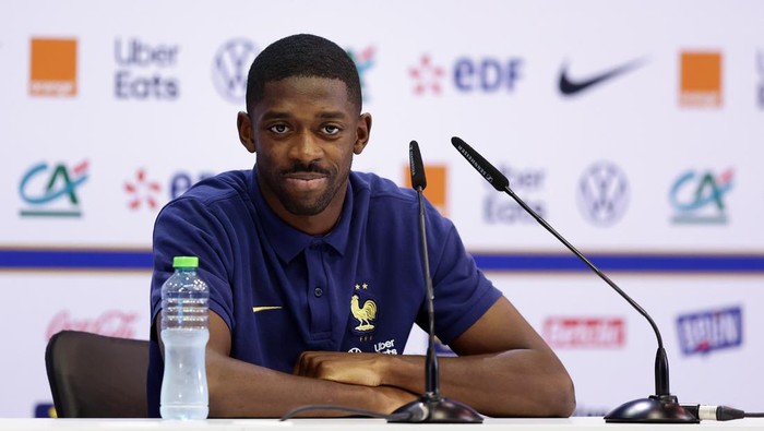 DOHA, QATAR - DECEMBER 15: Ousmane Dembele of France looks on during a press conference on December 16, 2022 in Doha, Qatar. (Photo by Mohamed Farag/Getty Images,)