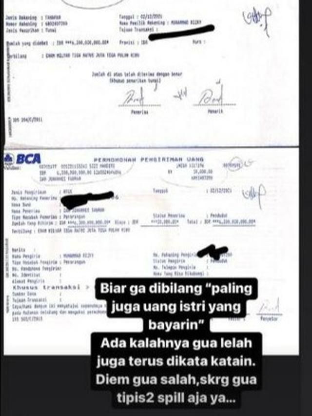 rizky billar pamer harta usai kasus kdrt atas lesti demi buktikan ia tak numpang hidup justru tuai cibiran salah satu unggahan billar di media sosial (instagram.com)