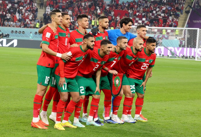 DOHA, QATAR - DECEMBER 17: Team Morocco poses prior to the FIFA World Cup Qatar 2022 3rd Place match between Croatia and Morocco at Khalifa International Stadium on December 17, 2022 in Doha, Qatar. (Photo by Jean Catuffe/Getty Images)
