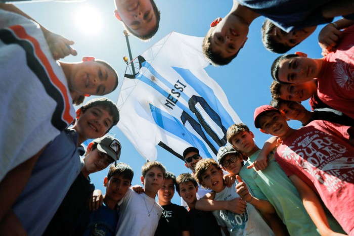An-18-meter long Argentina shirt featuring soccer star Lionel Messis surname is displayed at the Monumento a la Bandera (The National Flag Memorial), in Rosario, Argentina, December 16, 2022. REUTERS/Agustin Marcarian