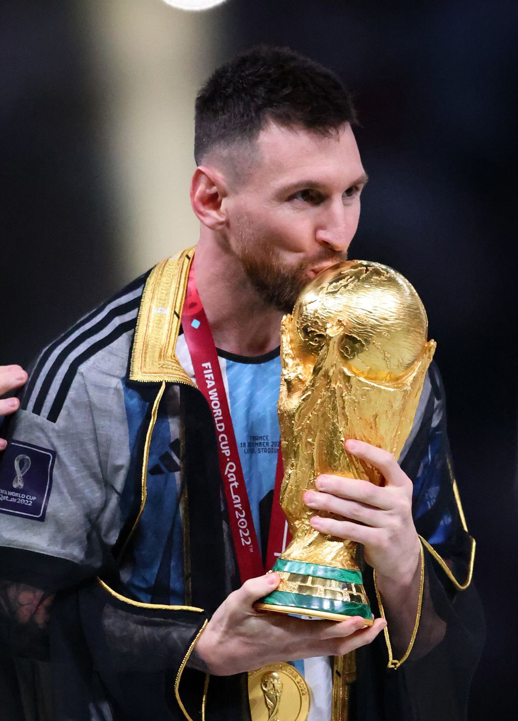 LUSAIL CITY, QATAR - DECEMBER 18: Lionel Messi of Argentina celebrate with the World Cup Trophy following their side victory after   during the FIFA World Cup Qatar 2022 Final match between Argentina and France at Lusail Stadium on December 18, 2022 in Lusail City, Qatar. (Photo by Stefan Matzke - sampics/Corbis via Getty Images)